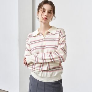 General Idea Korea Knitted Sweater Polo Shirt Pink Grey Stripes
